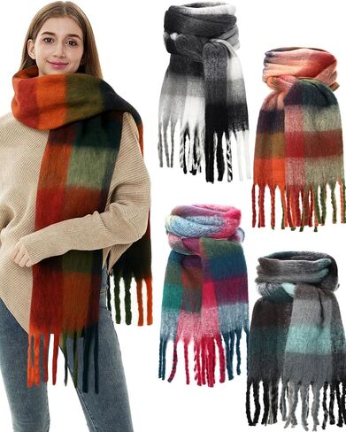 4 Pcs Large Chunky Plaid Scarf for Women Checked Scarf Shawl Blanket Warm Oversized Long Thick Gift in Saudi Arabia