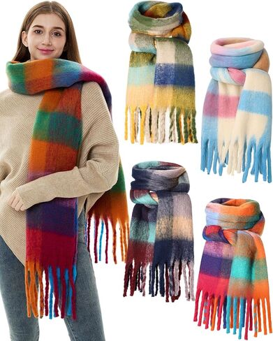 4 Pcs Large Chunky Plaid Scarf for Women Checked Scarf Shawl Blanket Warm Oversized Long Thick Gift in Saudi Arabia
