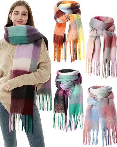 4 Pcs Large Chunky Plaid Scarf for Women Checked Scarf Shawl Blanket Warm Oversized Long Thick Gift in Saudi Arabia