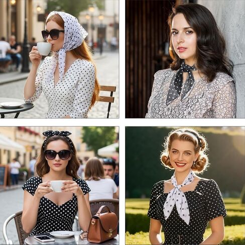 Polka Dot Headband for Women, 2 Pieces Chiffon Scarf Polka Dot Scarf Vintage Bandana Headband Retro Neck Scarves 1950s Accessories for Women Girls, Black+White in Saudi Arabia