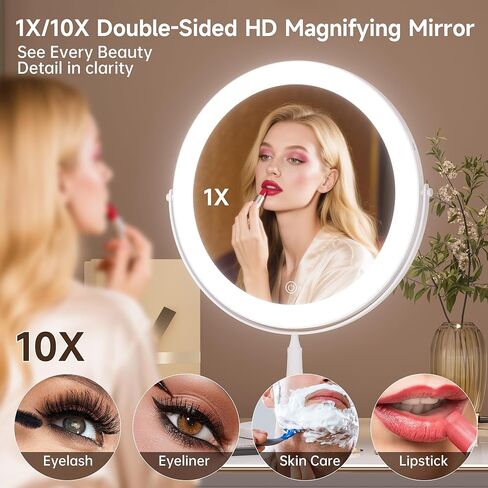 11.8" Extra Large Lighted Makeup Mirror, 1X/10X, 2-Sided Magnifying Mirror with 96 LEDs, 3 Color Dimmable Lights, 360° Swivel, LED Vanity Mirror, White - Great Gift Gold in Kuwait