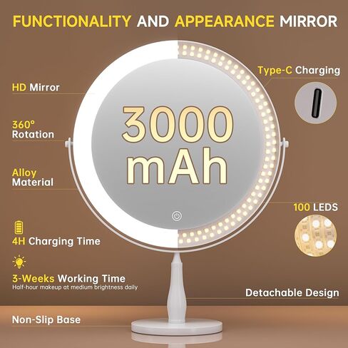 11.8" Extra Large Lighted Makeup Mirror, 1X/10X, 2-Sided Magnifying Mirror with 96 LEDs, 3 Color Dimmable Lights, 360° Swivel, LED Vanity Mirror, White - Great Gift Gold in Kuwait