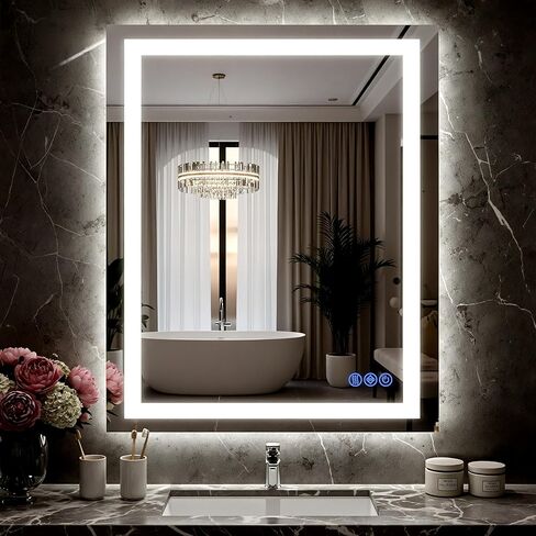 مرآة حمام LED مع أضواء مقاس 24 بوصة × 32 بوصة، مرايا زينة مثبتة على الحائط بإضاءة أمامية وخلفية، تحكم منفصل في الإضاءة، ذاكرة مضادة للضباب، 3 درجات حرارة ملونة، زجاج مقسى مقاوم للكسر in Kuwait
