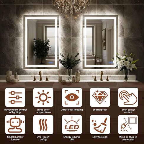 مرآة حمام LED مع أضواء مقاس 24 بوصة × 32 بوصة، مرايا زينة مثبتة على الحائط بإضاءة أمامية وخلفية، تحكم منفصل في الإضاءة، ذاكرة مضادة للضباب، 3 درجات حرارة ملونة، زجاج مقسى مقاوم للكسر in Kuwait