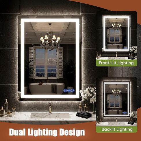 مرآة حمام LED مع أضواء مقاس 24 بوصة × 32 بوصة، مرايا زينة مثبتة على الحائط بإضاءة أمامية وخلفية، تحكم منفصل في الإضاءة، ذاكرة مضادة للضباب، 3 درجات حرارة ملونة، زجاج مقسى مقاوم للكسر in Kuwait