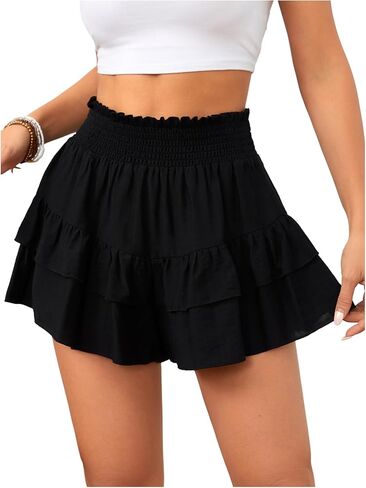 Women's High Waisted Layered Ruffle Skirts Summer Shirred Flowy Mini Skirt in Saudi Arabia