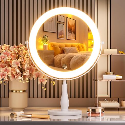 11.8" Extra Large Lighted Makeup Mirror, 1X/10X, 2-Sided Magnifying Mirror with 96 LEDs, 3 Color Dimmable Lights, 360° Swivel, LED Vanity Mirror, White - Great Gift Gold in Kuwait