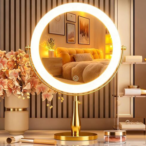 11.8" Extra Large Lighted Makeup Mirror, 1X/10X, 2-Sided Magnifying Mirror with 96 LEDs, 3 Color Dimmable Lights, 360° Swivel, LED Vanity Mirror, White - Great Gift Gold in Kuwait