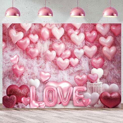 Pink Heart Photo Backdrop Valentines Decorations 7x5FT White Wood Floor Pink Loveheart Balloons Photography Background Birthday Baby Shower Birthday Party Selfile Wall Decor in Saudi Arabia