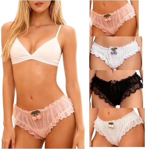 Cute Panties Womens Underwear for Women 4 Packs Briefs Kawaii Japanese-Style Ruffle Frilly Lace Cherry in Saudi Arabia