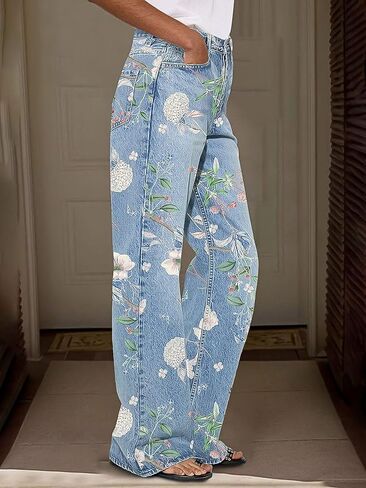 Flamingals Women's Floral Print Straight Leg Jeans for Women High Waist Floral Pattern Denim Pants Boho Cute Jeans in Saudi Arabia