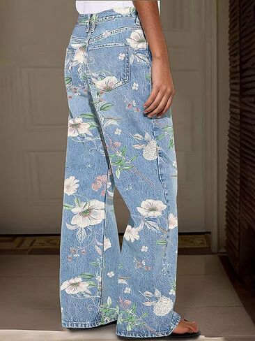 Flamingals Women's Floral Print Straight Leg Jeans for Women High Waist Floral Pattern Denim Pants Boho Cute Jeans in Saudi Arabia