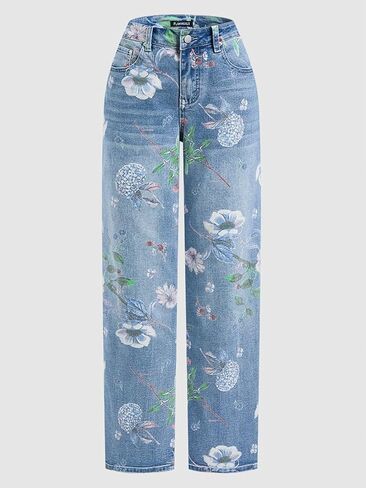 Flamingals Women's Floral Print Straight Leg Jeans for Women High Waist Floral Pattern Denim Pants Boho Cute Jeans in Saudi Arabia