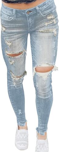Women's Jeans Butt Lift Comfy Stretchy Ripped Skinny Mid Waist Destroyed Denim Pants (Pack of 2) in Saudi Arabia