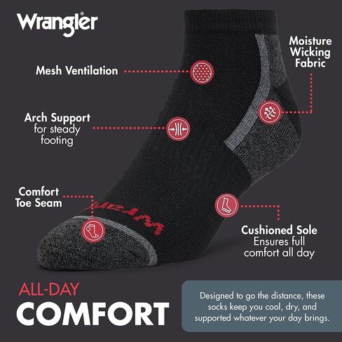 جوارب Wrangler الممتصة للرطوبة منخفضة القطع - جوارب قصيرة للرجال، تناسب مقاسات أحذية الرجال 6-12، 6 عبوات in Kuwait
