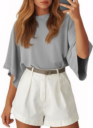 Tankaneo Womens Oversized Batwing Short Sleeve T Shirts Summer Casual Round Neck Tunic Tops Loose Fit Basic Tees in Saudi Arabia