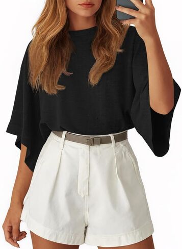 Tankaneo Womens Oversized Batwing Short Sleeve T Shirts Summer Casual Round Neck Tunic Tops Loose Fit Basic Tees in Saudi Arabia