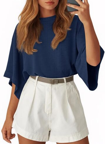 Tankaneo Womens Oversized Batwing Short Sleeve T Shirts Summer Casual Round Neck Tunic Tops Loose Fit Basic Tees in Saudi Arabia