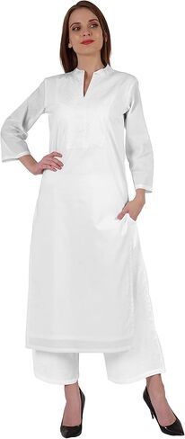 Bimba Mandarin Collar W/Pintucked Neck Cotton Kurti For Women's Indian Ethnic Straight Solid Kurta in Saudi Arabia