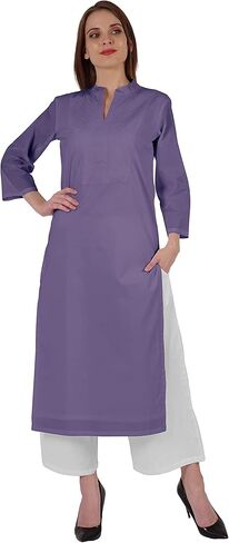 Bimba Mandarin Collar W/Pintucked Neck Cotton Kurti For Women's Indian Ethnic Straight Solid Kurta in Saudi Arabia