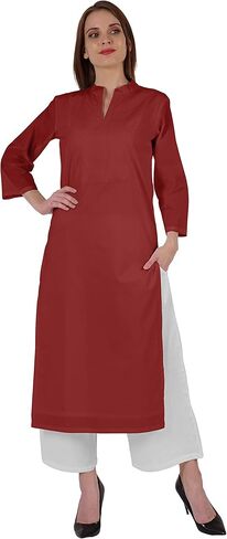 Bimba Mandarin Collar W/Pintucked Neck Cotton Kurti For Women's Indian Ethnic Straight Solid Kurta in Saudi Arabia