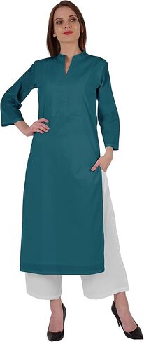 Bimba Mandarin Collar W/Pintucked Neck Cotton Kurti For Women's Indian Ethnic Straight Solid Kurta in Saudi Arabia