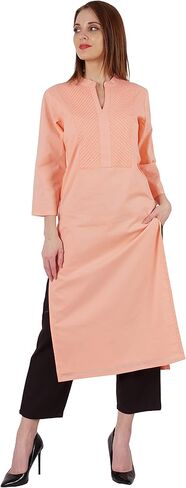 Bimba Mandarin Collar W/Pintucked Neck Cotton Kurti For Women's Indian Ethnic Straight Solid Kurta in Saudi Arabia