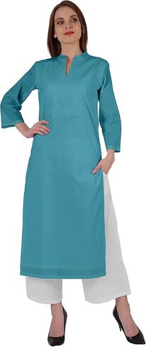 Bimba Mandarin Collar W/Pintucked Neck Cotton Kurti For Women's Indian Ethnic Straight Solid Kurta in Saudi Arabia