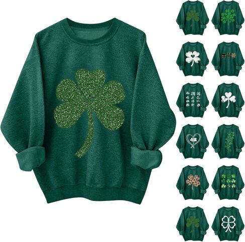 سويت شيرت نسائي بأكمام طويلة ورقبة دائرية من St Patricks Day، قميص St Pattys، بلوفر برسومات شامروك الأيرلندية in Saudi Arabia