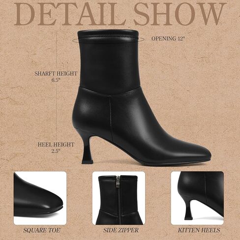 Goiphrri Ankle Boots for Women Kitten Heels Boot Womens Square Toe Short booties Office Casual Outfit Heeled Fall Boots Stretch Booties with Side Zipper for Women in Saudi Arabia