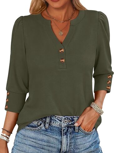 ANRABESS Womens Tops 3/4 Sleeve Casual Henley Shirts V Neck Buttons Dressy Work Business Blouses 2026 Spring Trendy Clothes in Saudi Arabia