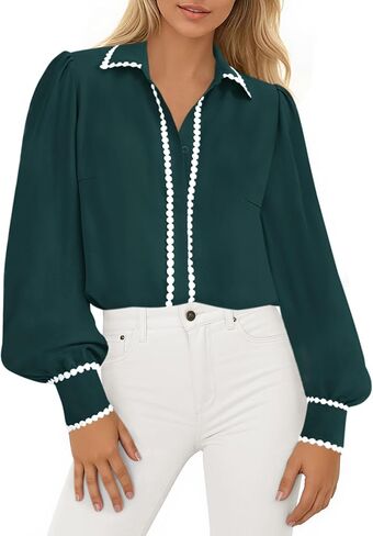 PRETTYGARDEN Womens Long Sleeve Button Down Shirts 2026 Trendy V Neck Loose Fit Fall Tops Collared Dressy Casual Blouses in Saudi Arabia