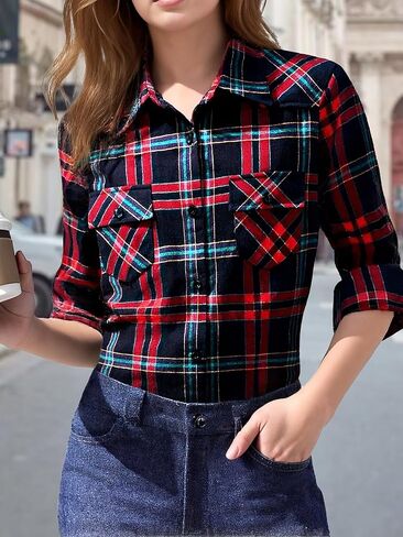 Women's Cotton Long Sleeve Flannel Plaid Button Down Shirts Casual Blouse Top in Saudi Arabia