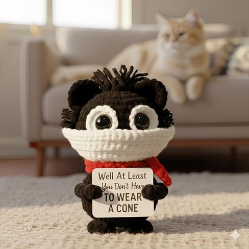 Well at Least You Don’t Have to Wear a Cone – Funny Crochet Cat Plush – Handmade Emotional Support Gift for Surgery Recovery, Vasectomy Humor, or Get Well Soon in Saudi Arabia