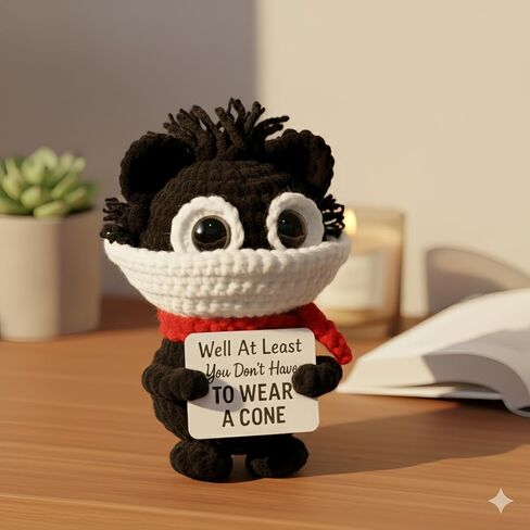 Well at Least You Don’t Have to Wear a Cone – Funny Crochet Cat Plush – Handmade Emotional Support Gift for Surgery Recovery, Vasectomy Humor, or Get Well Soon in Saudi Arabia