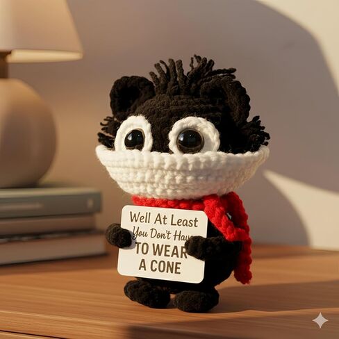Well at Least You Don’t Have to Wear a Cone – Funny Crochet Cat Plush – Handmade Emotional Support Gift for Surgery Recovery, Vasectomy Humor, or Get Well Soon in Saudi Arabia