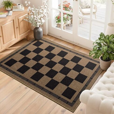 Vasofe 3x5 Plaid Rug, Jute Rugs, Washable Outdoor Indoor Checkered Carpets, Entryway Bedroom Potio Porch Kitchen Carpet, Non Slip Farmhouse Neutral Office Laundry Floor Mat, Black and Brown in Saudi Arabia