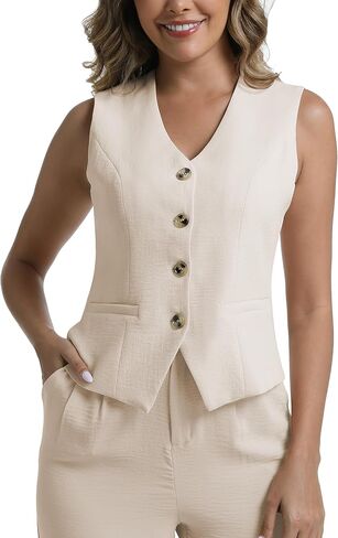 Suit Vest for Women V Neck Button Up Vest Tops Sleeveless Casual Business Waistcoat Blazer Vests in Saudi Arabia