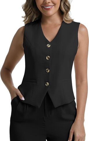 Suit Vest for Women V Neck Button Up Vest Tops Sleeveless Casual Business Waistcoat Blazer Vests in Saudi Arabia