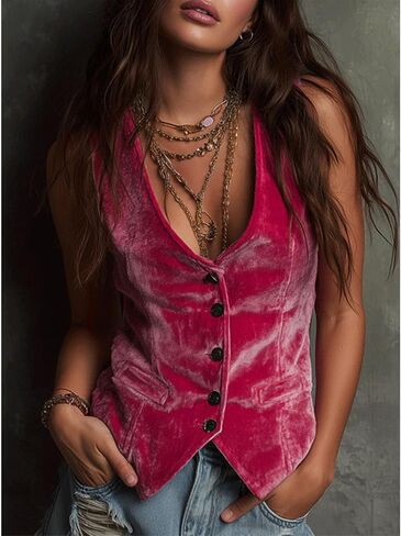 Women's Pink Velvet Vest, Deep V Neck Elegant Suit Vest Y2K Sleeveless Button Up Waistcoat Tops in Saudi Arabia
