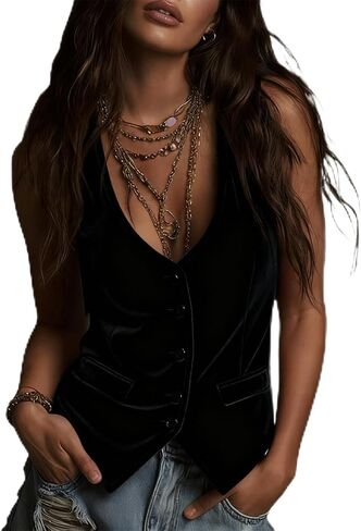 سترة نسائية مخملية وردية، رقبة V عميقة، سترة بدلة أنيقة Y2K بدون أكمام وأزرار لأعلى، صدرية in Kuwait