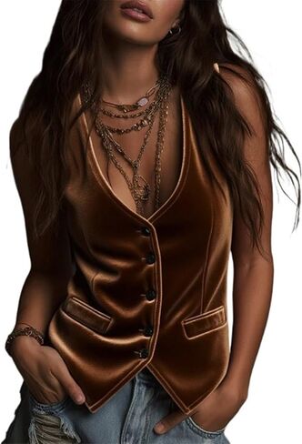 Women's Pink Velvet Vest, Deep V Neck Elegant Suit Vest Y2K Sleeveless Button Up Waistcoat Tops in Saudi Arabia