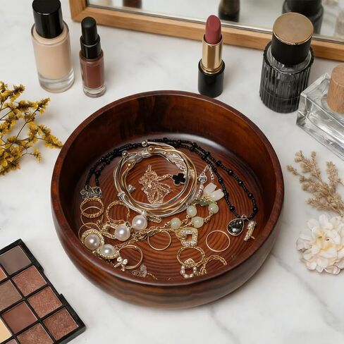 7.5" Solid Sour Jujube Wood Decorative Bowl with Swirling Grain, Hand-Carved from One Piece, Built to Last, Rustic Round Wooden Bowl for Entryway Table, Countertop Decor, 7.5" dia. x 3" H in Saudi Arabia