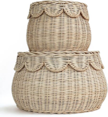 Scalloped Basket Set of 2 Small Natural Rattan Decorative Storage Baskets with Lids - Round Shape - Handwoven Natural Wicker Boho Décor for Shelves, Countertops & Gift Baskets. in Saudi Arabia