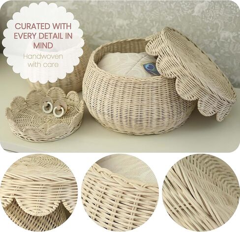 Scalloped Basket Set of 2 Small Natural Rattan Decorative Storage Baskets with Lids - Round Shape - Handwoven Natural Wicker Boho Décor for Shelves, Countertops & Gift Baskets. in Saudi Arabia