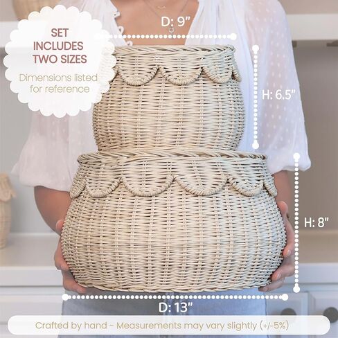 Scalloped Basket Set of 2 Small Natural Rattan Decorative Storage Baskets with Lids - Round Shape - Handwoven Natural Wicker Boho Décor for Shelves, Countertops & Gift Baskets. in Saudi Arabia