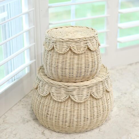 Scalloped Basket Set of 2 Small Natural Rattan Decorative Storage Baskets with Lids - Round Shape - Handwoven Natural Wicker Boho Décor for Shelves, Countertops & Gift Baskets. in Saudi Arabia