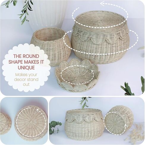 Scalloped Basket Set of 2 Small Natural Rattan Decorative Storage Baskets with Lids - Round Shape - Handwoven Natural Wicker Boho Décor for Shelves, Countertops & Gift Baskets. in Saudi Arabia
