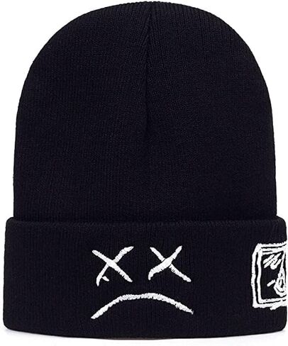 Beanie Hat for Men Women with Sad Face Cuffed Plain Skull Knit Cap Intended for Lil Peep in Saudi Arabia