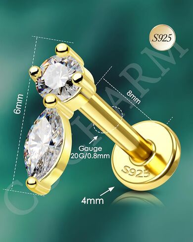 أقراط غضروف مطلية بالذهب عيار 14 قيراط من COCHARM 16G أقراط اللولب الزنمة الملولبة داخليًا 925 من الفضة الاسترليني مجوهرات ثقب الزنمة in Kuwait